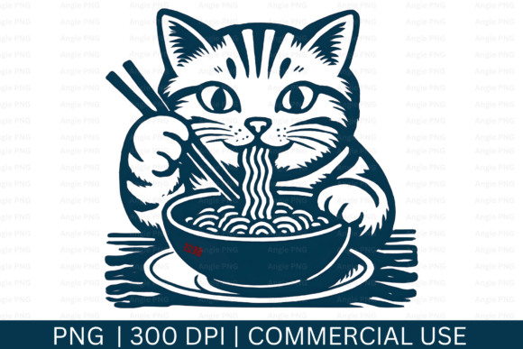 Cat Eating Ramen Noodle PNG for Crafts and Graphics