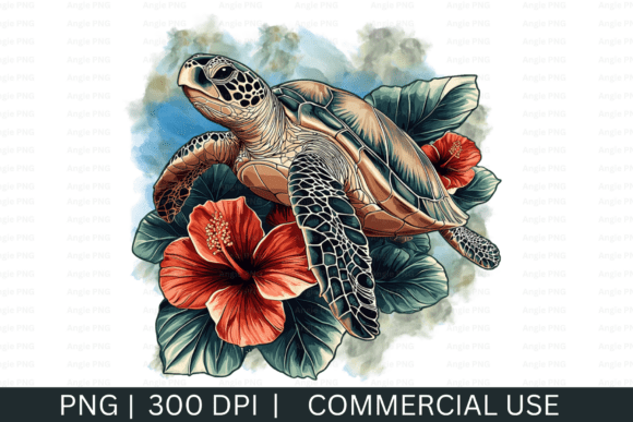 Floral Watercolor Sea Turtle, Summer PNG for Graphics & Crafts