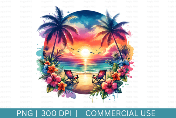 Summer Tropical Beach Sunset PNG Clipart for Graphics and Crafts